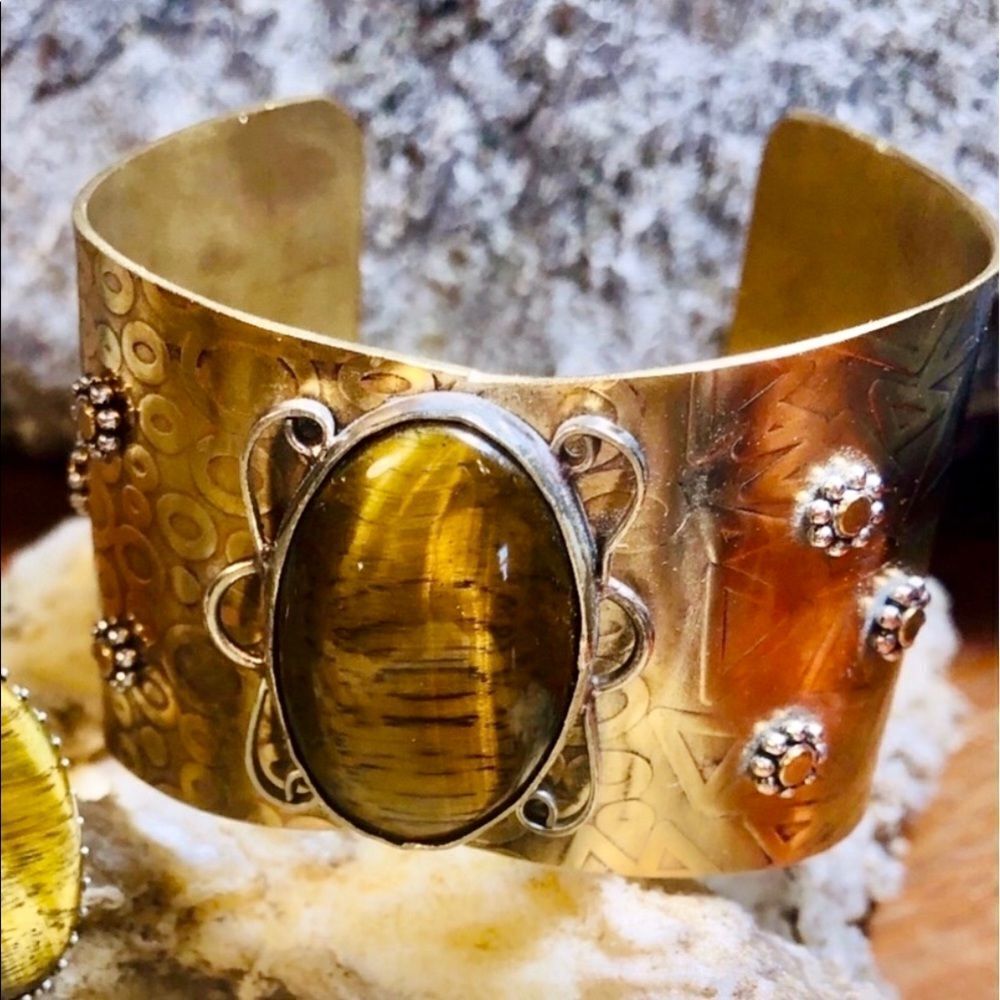 Natural Tigers Eye Sterling Silver Lace Brass Wide Cuff Bracelet - USA Artisan